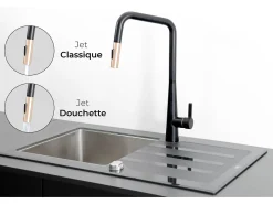 Style Grifo mezclador de fregadero con ducha extraíble negro mate y oro rosa Essebagno