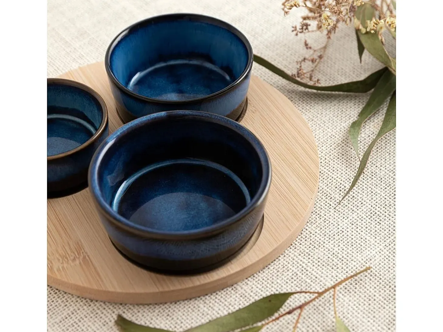 Tabla de aperitivo Moana Bidasoa 3 cuencos cerámica natural/azul