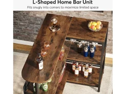 Tabla de bar en forma de L, Tabla de licor de 3 niveles de bistro con estantería para vinos y soporte para vasos de vino, Marrón rústico