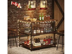 Tabla de bar en forma de L, Tabla de licor de 3 niveles de bistro con estantería para vinos y soporte para vasos de vino, Marrón rústico