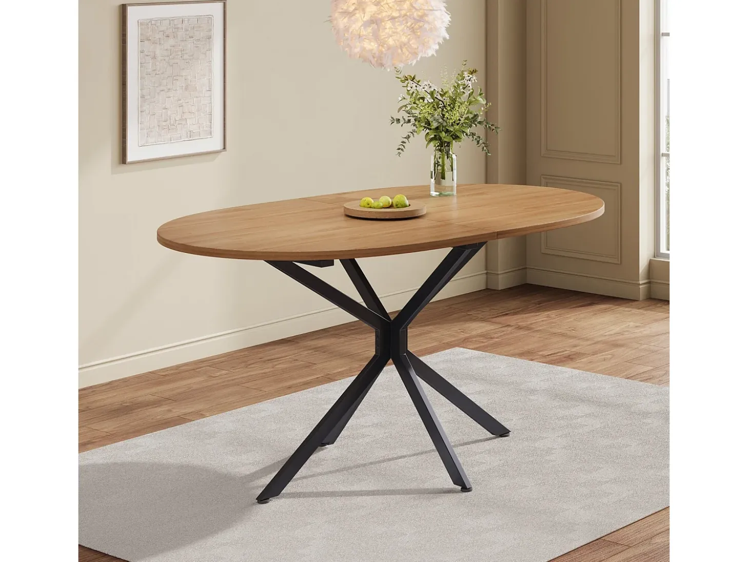 Tabla de comedor oval de 4 a 6 personas, en MDF y metal - Natural y Negro - Mesa fija - 120x80x75.5cm