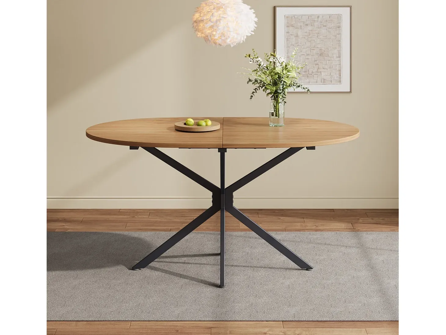Tabla de comedor oval de 4 a 6 personas, en MDF y metal - Natural y Negro - Mesa fija - 120x80x75.5cm