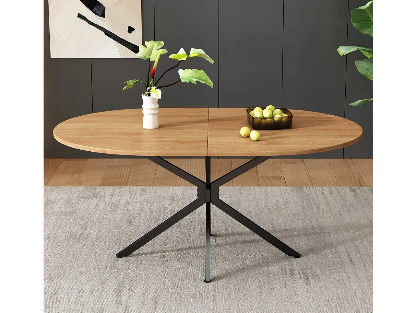 Tabla de comedor oval de 4 a 6 personas, en MDF y metal - Natural y Negro - Mesa fija - 120x80x75.5cm