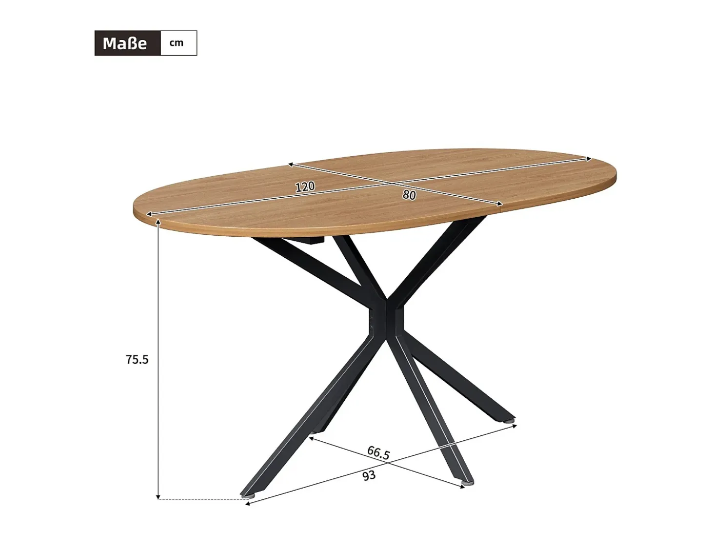 Tabla de comedor oval de 4 a 6 personas, en MDF y metal - Natural y Negro - Mesa fija - 120x80x75.5cm