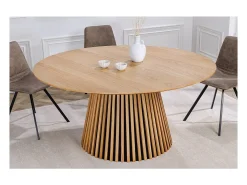 Table KANOVA 140 cm – Tablero redondo de roble claro y pie central de diseño – Estilo contemporáneo