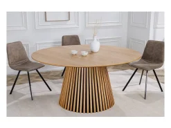 Table KANOVA 140 cm – Tablero redondo de roble claro y pie central de diseño – Estilo contemporáneo