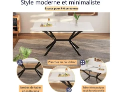 Tablero de comedor extensible blanco 120/160 cm, 4 a 6 personas, en MDF y metal, mesa rectangular