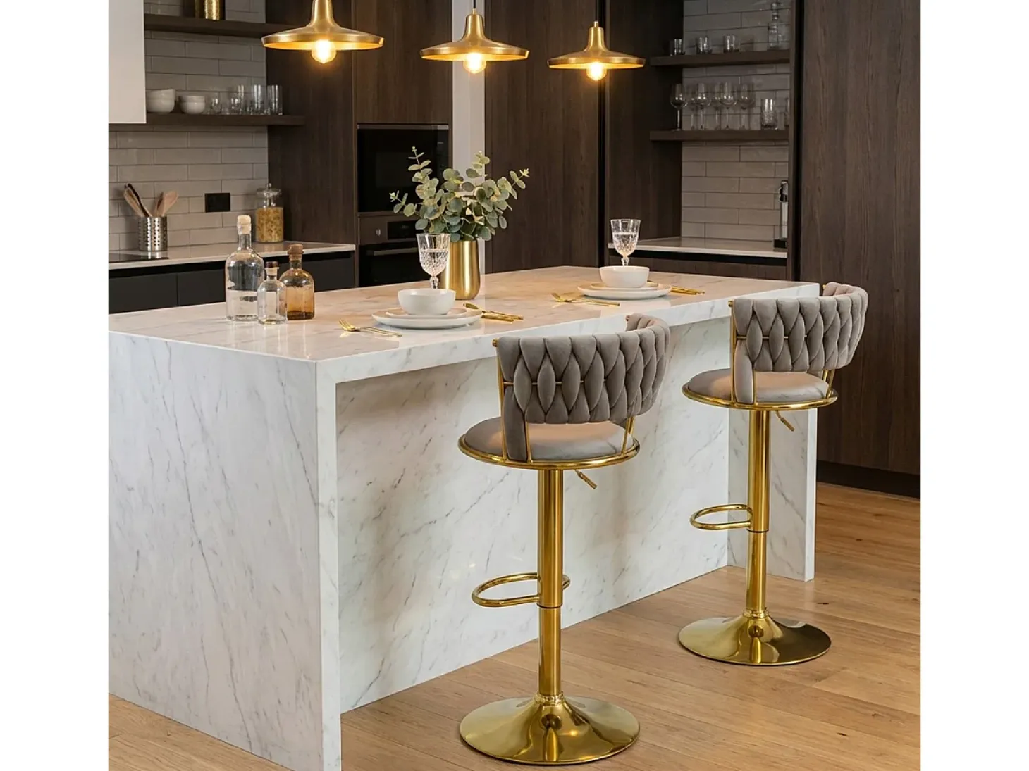 Taburete ajustable de metal dorado y terciopelo entrelazado Macaron - Marrón