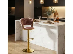 Taburete ajustable de metal dorado y terciopelo entrelazado Macaron - Rosa