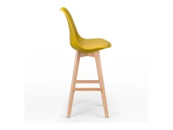 Taburete alto nórdico con cojín de polipiel amarillo curry y patas de haya clara Tula 76 cm