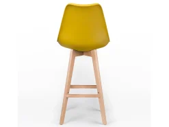 Taburete alto nórdico con cojín de polipiel amarillo curry y patas de haya clara Tula 76 cm