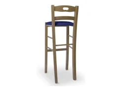 Taburete de 80 cm de altura en madera de nogal claro con asa y asiento acolchado en símil piel azul.
