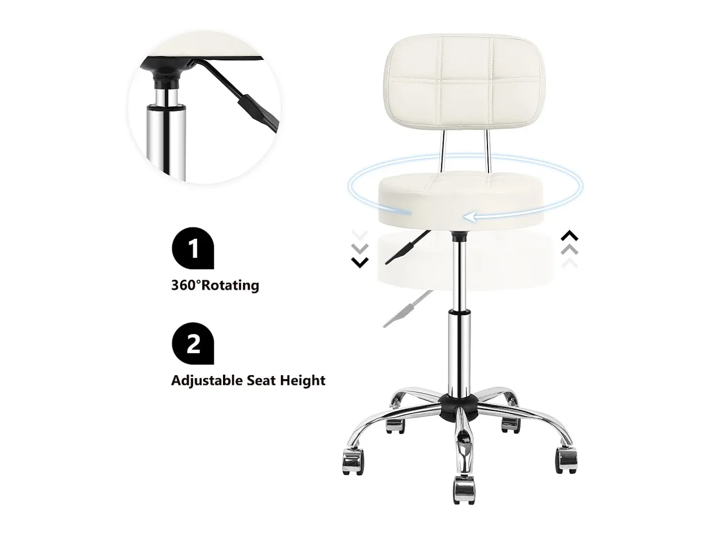Taburete de bar - HOMEMIYN - Beige - Altura regulable - Respaldo ergonómico - Giro de 360°