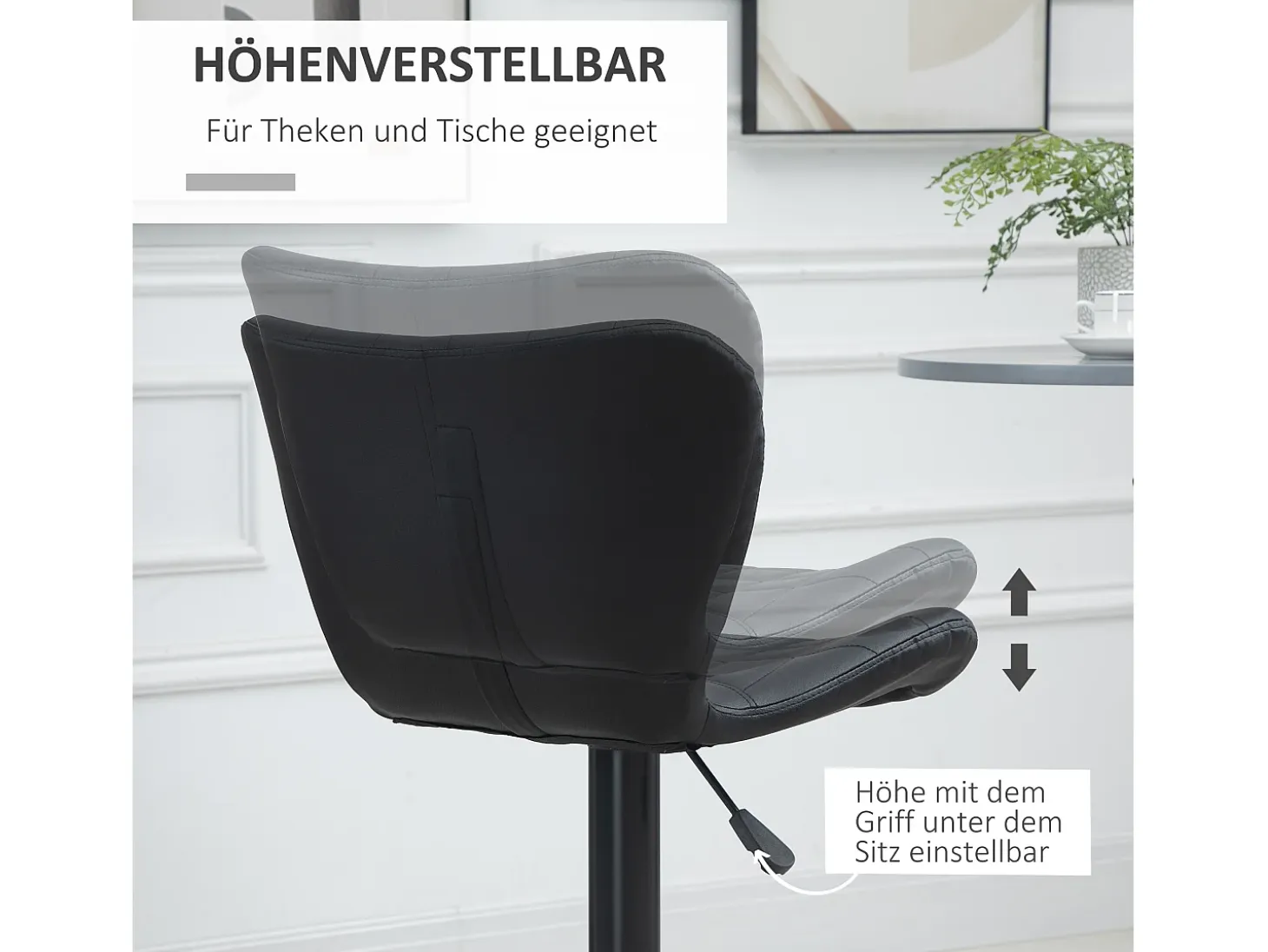 Taburete de bar ajustable, giratorio 360°, piel sintética negra, estructura de metal, diseño retro (47x51,5x89-109cm)