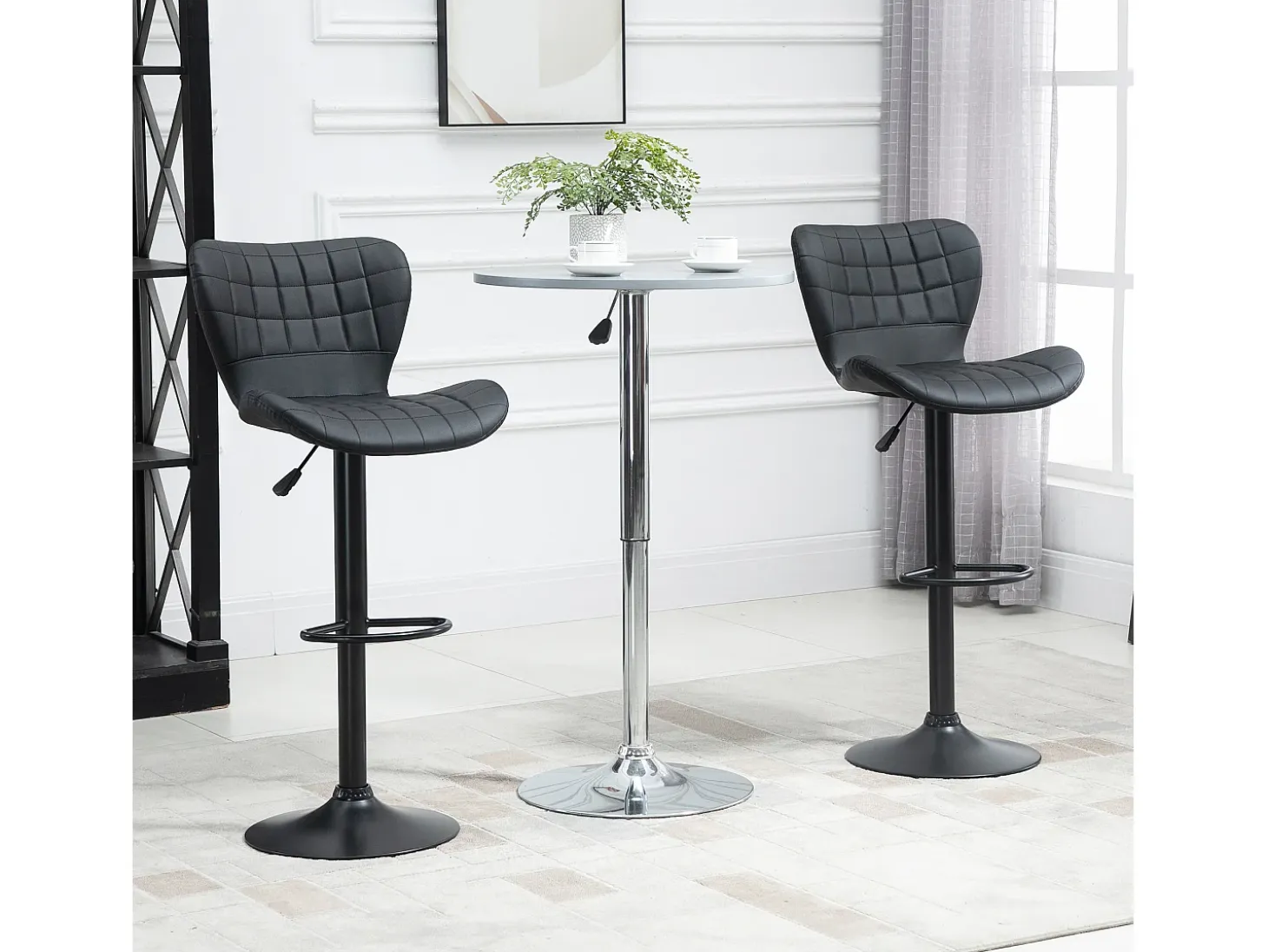 Taburete de bar ajustable, giratorio 360°, piel sintética negra, estructura de metal, diseño retro (47x51,5x89-109cm)