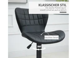 Taburete de bar ajustable, giratorio 360°, piel sintética negra, estructura de metal, diseño retro (47x51,5x89-109cm)
