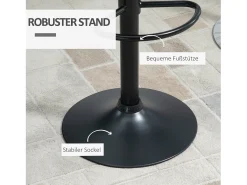 Taburete de bar ajustable, giratorio 360°, piel sintética negra, estructura de metal, diseño retro (47x51,5x89-109cm)