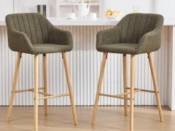 Taburete de Bar con Respaldo y Reposabrazos - Pies en Roble, Asiento de Lino - Altura Fija 75 cm - Ideal para Mostrador, Isla de Cocina, Barra