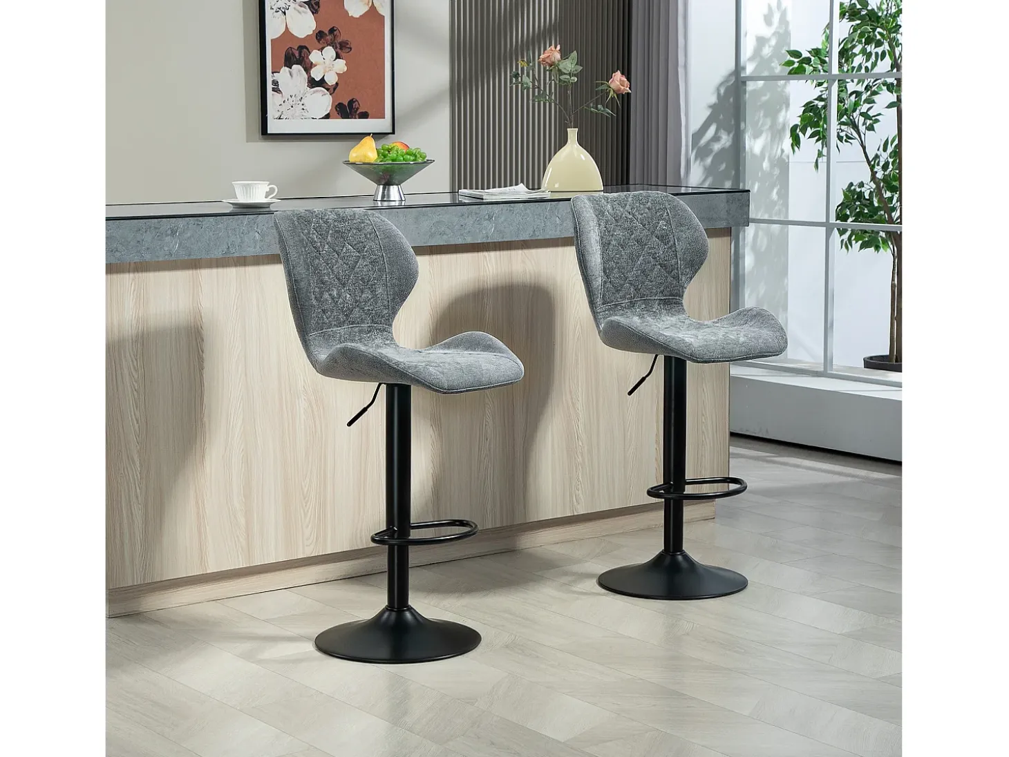 Taburete de bar con respaldo, regulable en altura, tejido chenilla, patas de metal, gris oscuro (51,5x48x112 cm)