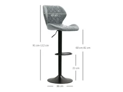 Taburete de bar con respaldo, regulable en altura, tejido chenilla, patas de metal, gris oscuro (51,5x48x112 cm)