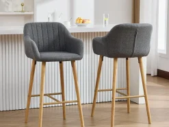Taburete de Bar con Respaldo y Reposabrazos - Pies en Roble, Asiento de Lino - Altura Fija 75 cm - Ideal para Mostrador, Isla de Cocina, Barra