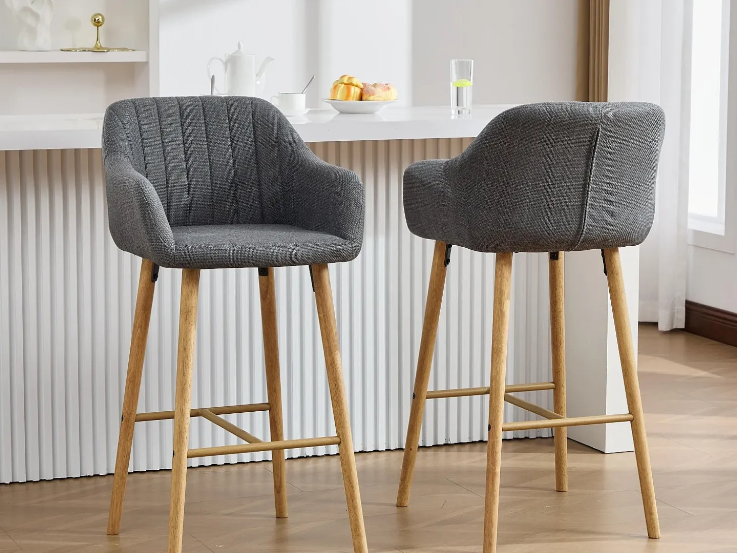 Taburete de Bar con Respaldo y Reposabrazos - Pies en Roble, Asiento de Lino - Altura Fija 75 cm - Ideal para Mostrador, Isla de Cocina, Barra