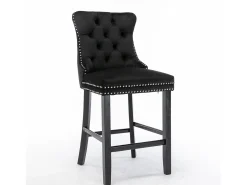Taburete de bar contemporáneo, tapizado, madera maciza, base de madera, remaches cromados, terciopelo, negro (60x50x103 cm)