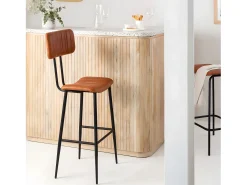 Taburete de bar de cuero marrón estilo vintage con elegantes patas de metal
