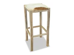 Taburete de bar de diseño asiento de silla cuero genuino teca cuadrado marrón 1202093
