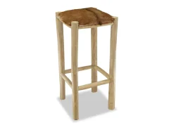 Taburete de bar de diseño asiento de silla cuero genuino teca cuadrado marrón 1202093