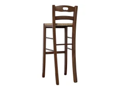 Taburete de bar de madera de nogal oscuro h 80 cm con asa y asiento de paja