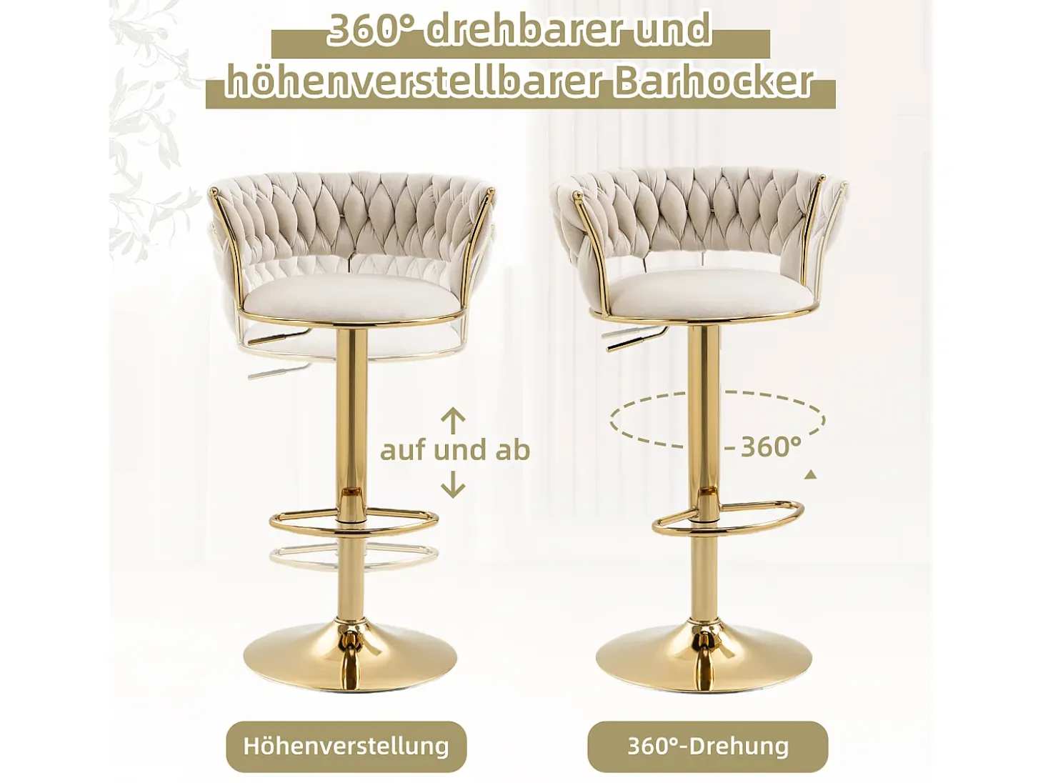 Taburete de bar giratorio de 360°, respaldo artesanal, altura ajustable, terciopelo, color marfil (54 x 46 x 78,5-97 cm)
