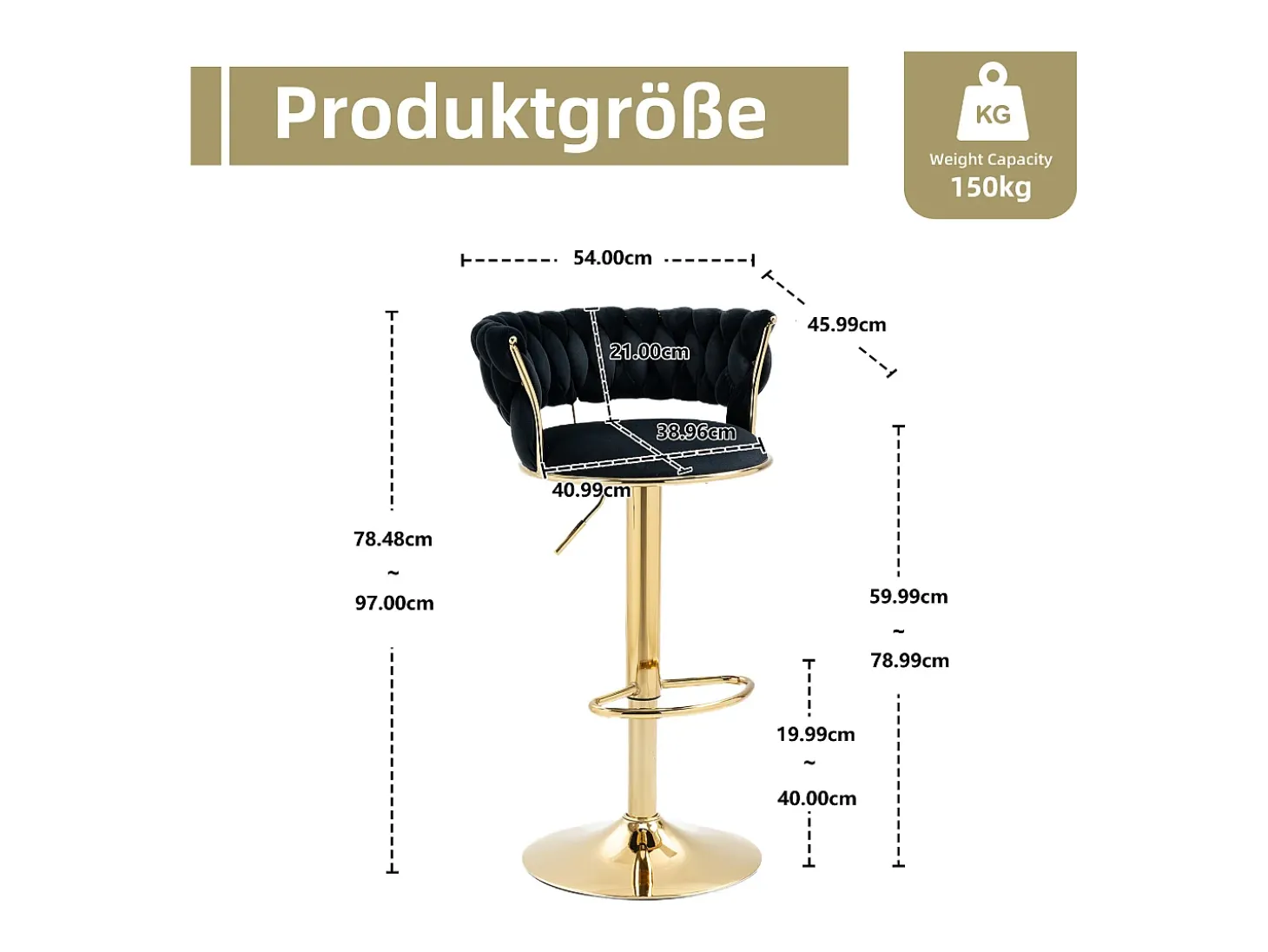 Taburete de bar giratorio de 360° con respaldo, altura ajustable, terciopelo, negro (54 x 46 x 78,5-97 cm)