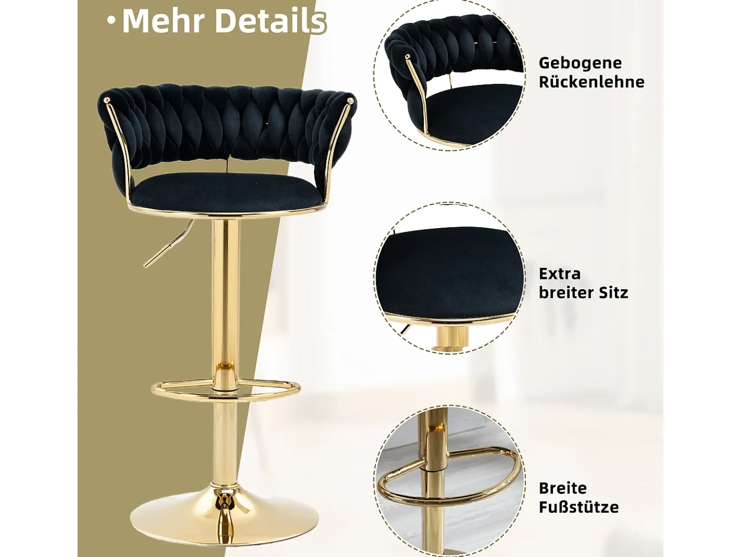 Taburete de bar giratorio de 360° con respaldo, altura ajustable, terciopelo, negro (54 x 46 x 78,5-97 cm)