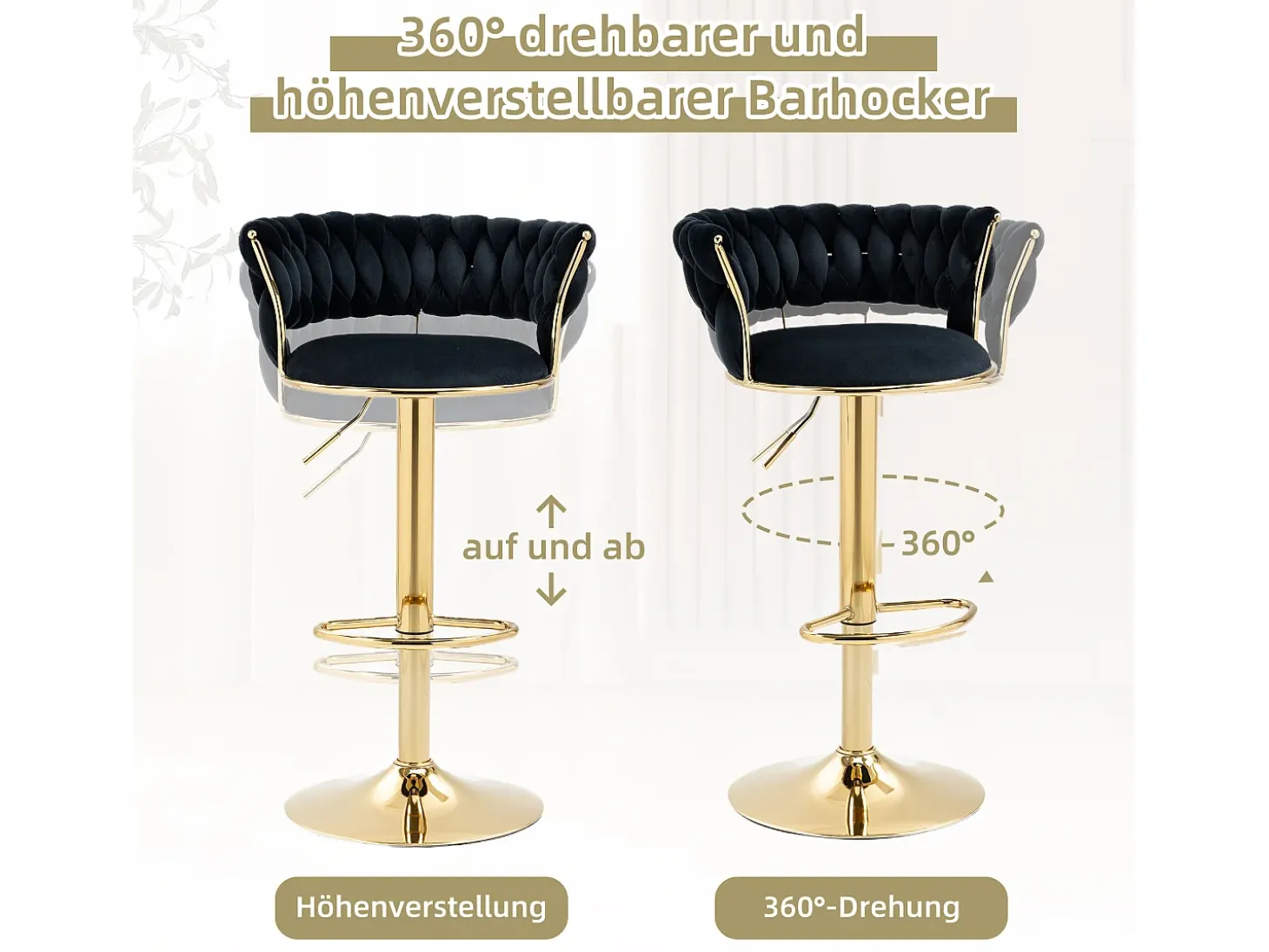 Taburete de bar giratorio de 360° con respaldo, altura ajustable, terciopelo, negro (54 x 46 x 78,5-97 cm)