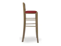 Taburete de bar h 80 en madera de nogal claro con asa y asiento acolchado rojo