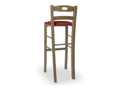 Taburete de bar h 80 en madera de nogal claro con asa y asiento acolchado rojo