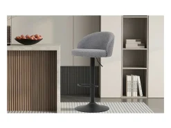 Taburete de bar HYDRA – Bouclé gris claro – Altura ajustable 86-107 cm – Patas de metal – Estilo moderno