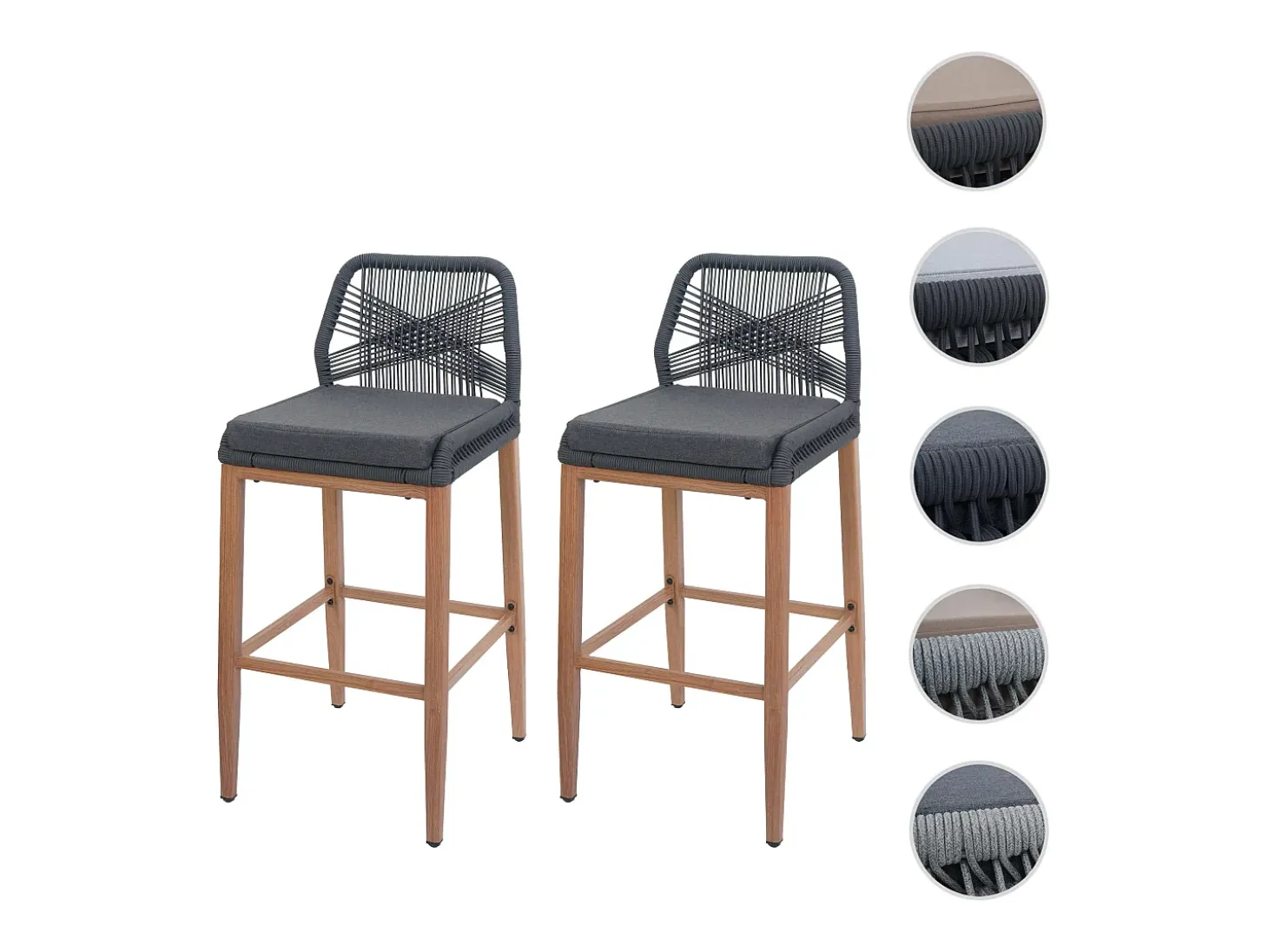 Taburete de bar MCW-O21 (set de 2), antracita, cojín gris oscuro