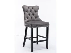 Taburete de bar moderno de terciopelo, patas de madera maciza, tachuelas cromadas, gris (60x50x66 cm)