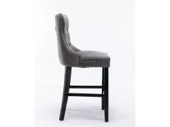 Taburete de bar moderno de terciopelo, patas de madera maciza, tachuelas cromadas, gris (60x50x66 cm)