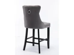 Taburete de bar moderno de terciopelo, patas de madera maciza, tachuelas cromadas, gris (60x50x66 cm)