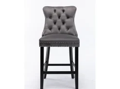 Taburete de bar moderno de terciopelo, patas de madera maciza, tachuelas cromadas, gris (60x50x66 cm)