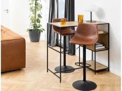 Taburete de bar Oregon con pie de trompeta, costuras en contraste beige, marrón, negro.