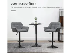 Taburete de bar regulable de 2 piezas con respaldo y reposapiés, rotación de 360°, en lino sintético, gris (57,5x52,5x93-114 cm)