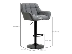 Taburete de bar regulable de 2 piezas con respaldo y reposapiés, rotación de 360°, en lino sintético, gris (57,5x52,5x93-114 cm)