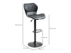 Taburete de bar, regulable en altura, con respaldo, piel sintética, color negro (48,5x55,5x90-110 cm)