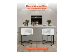 Taburete de Bar SucceBuy, Lote de 3, Silla de Bar en Tela, 63.5 cm Alto, Asiento de Cocina con Respaldo, Reposabrazos, Estructura en Metal Y Reposapiés, Blanco