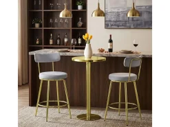 Taburete de bar y cocina de terciopelo con respaldo y patas doradas Kraven - Gris
