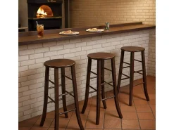 Taburete de madera maciza de nogal oscuro h 80 con asiento redondo y patas de sable